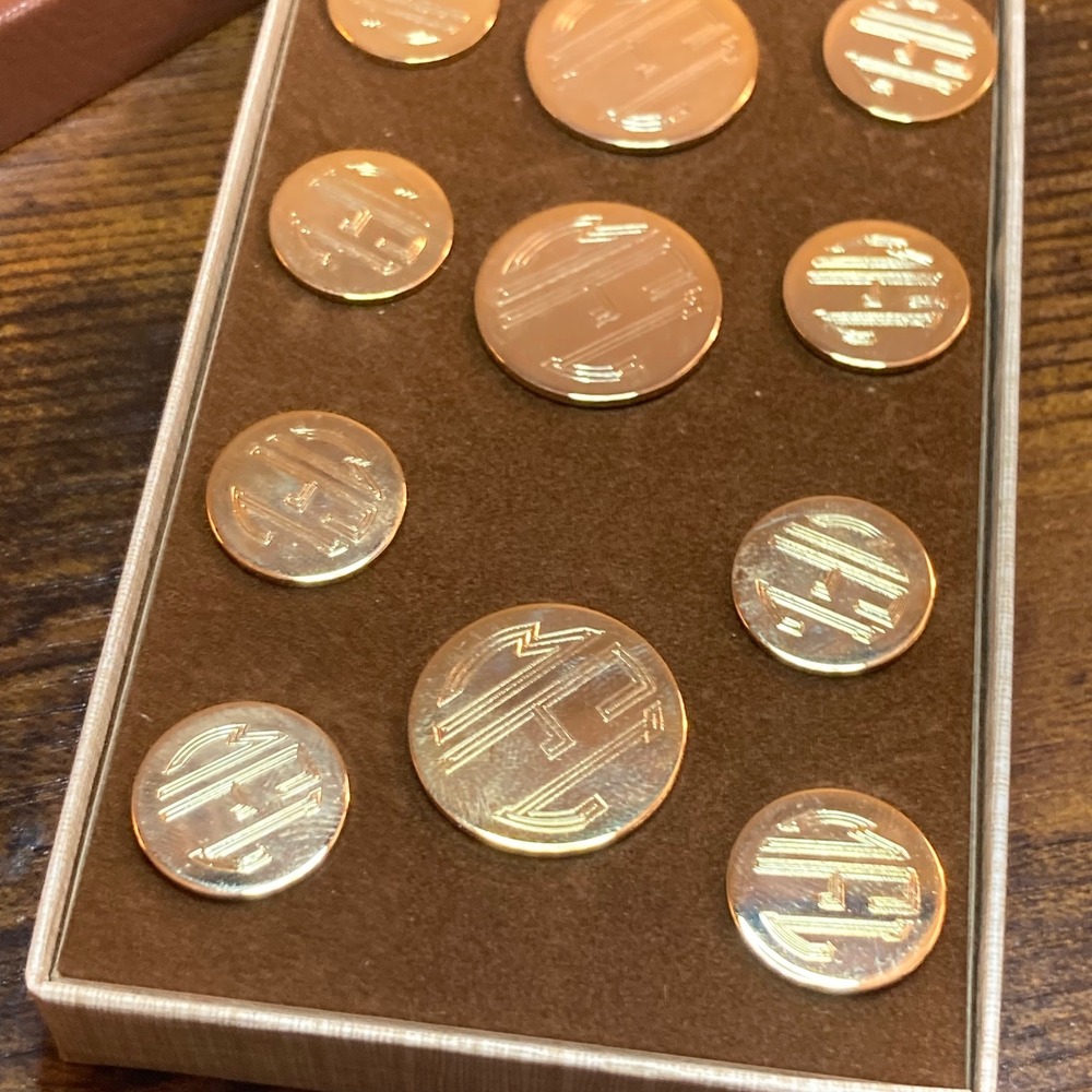 Gold‎ Tone Blazer Button Set 11pc Monogram MLF MFL Vtg Preppy Ivy